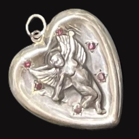 🆕 Vintage Sterling Silver Puffy Heart Pendant | Cherub & Ruby Accents | Love - Picture 1 of 3